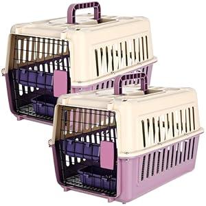 Fiwochic 2 Set Hard Plastic Pet Carrier Breathable Dog Cat Kennel with Metal Door Bowl Grille Mat Pet up to 14 Lbs Carrier for Walking Camping Vet Visits Travel, 17.3"L x 11.8"W x 10.6"H(Purple White)