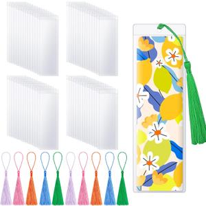 50 Pieces Bookmark Sleeves with 50 Pieces Bookmarks Tassels 7.22.3 Inches Plastic Bookmark Sleeves for Bookmarks Photos Markers