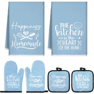 Sratte 6 Pcs Kitchen Decor Accessories Set Farmhouse Towels Pot Holders Oven Mitts Set 2 Dish Towels 2 Potholders 2 Cooking Mittens Oven Glove for Christmas Baking Cooking Supply(Light Blue,Kitchen)