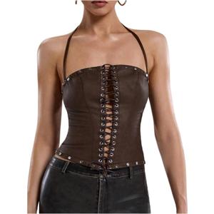 WDIRARA Women's PU Leather Lace Up Halter Top Vintage Western Sleeveless Backless Camisole Tops, Small
