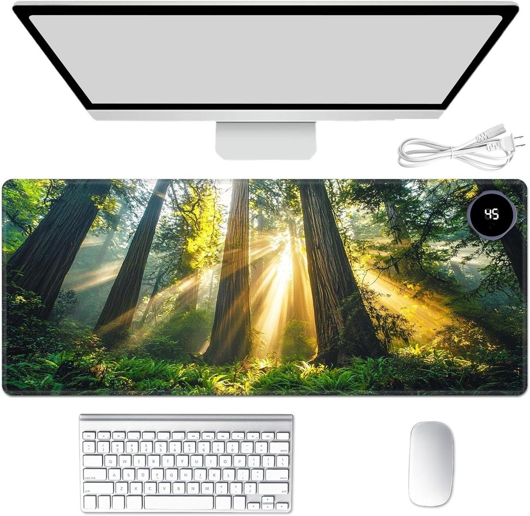 Heated Mouse Pad Hand Warmer, Warm Desk Pad Mousepad Desk Mat with 3 Levels Heating and Auto Shut Down 31.5 x 13 inch PU Leather Warmer Keyboard Mat for Gaming Office Home, Forest Tree Sunshine