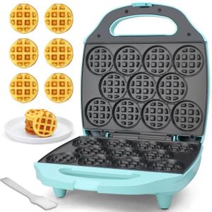 Baker's Friend, Bite-size Mini Waffle Maker for Kids & Adults, Small Waffle Maker Mini Belgian Waffle Machine, 11 X 2.2 Tiny Nonstick Waffles Iron, Recipe Included, Aqua