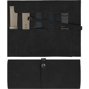 Vegan Leather Watch Band Storage Case, Waterproof Watch Strap Roll Organizer with 5 Slots, Travel Accessories Pouch Compatible with Apple/Garmin/Samsung Watch Bands (Black)