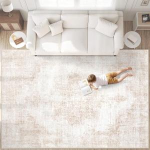 Area Rug 9x12 Vintage Rugs: Large Washable Living Room Rug Retro Medallion Distressed Soft Low Pile Non-Slip Rugs Indoor Floor Carpet for Bedroom Dining Table Office (Beige,9'x12')