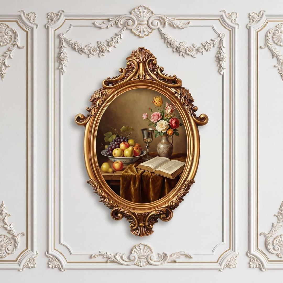 Wonderjune 7x9 Inch Vintage Oval Gold Picture Frame, Carved Resin Antique Ornate Frame for Tabletop or Wall Hanging Display, Victorian Baroque Home Decor