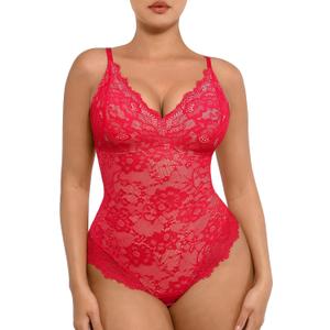 FeelinGirl Shapewear Bodysuits for Women Lace Shapewear Tummy Control V-Neck Sleeveless Bodysuit Tops Jumpsuit (Red, S)