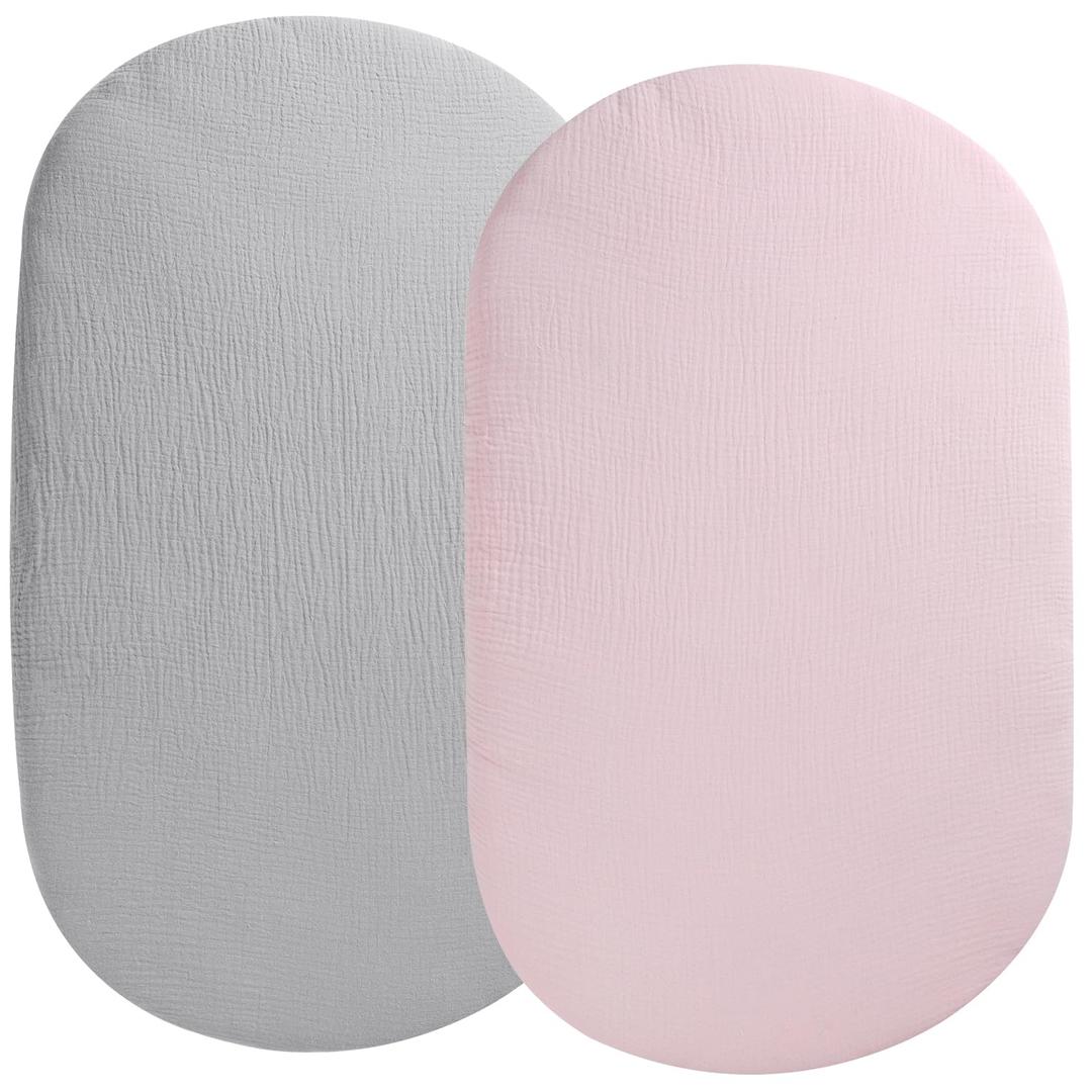 Muslin Bassinet Sheet Compatible with UPPAbaby Bassinet, 2 Pack Cotton Stylish Boho Fitted Bassinet Sheets for Baby Grey & Pink