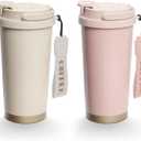 Sinekequnsun 2 Pack 17oz Insulated Coffee Mug, Leakproof Travel Coffee Tumblers With Strap, Vacuum-Insulated Stainless Steel Reusable Coffee Cup for Hot & Cold Drinks (Beige,Pink)