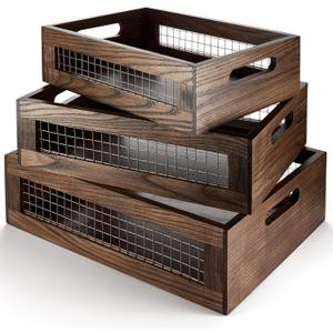 Set of 3 Extra Large Wooden Nesting Countertop Baskets, Rustic Wood Storage Organizer for Kitchen, Pantry or Bathroom  Fruit, Vegetables, Bread Crates with Handles (Largest 16")