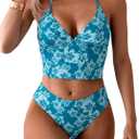 Floerns Women's Floral Print Halter Neck Tankini Top Two Piece Bathing Swimsuit (Medium, Blue)