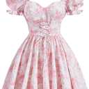 WDIRARA Women's Floral Print Sweetheart Neck Puff Sleeve Dress Lace Up Flared A Line Dress Multicolor Large