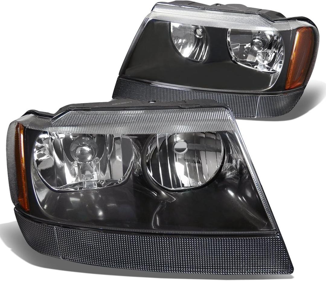 DNA MOTORING HL-OH-JGC99-BK-AM Black Amber Headlights Assembly Replacement Compatible with 99-04 Jeep Grand Cherokee (Clear Lens Amber Corner)