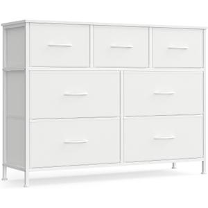 SONGMICS Dresser for Bedroom, Chest of Drawers, TV Stand, Steel, MDF, 7 Non-Woven Fabric Drawers, Storage Organizer Unit, Closet, Entryway, Cloud White and Snow White ULGS323W01S