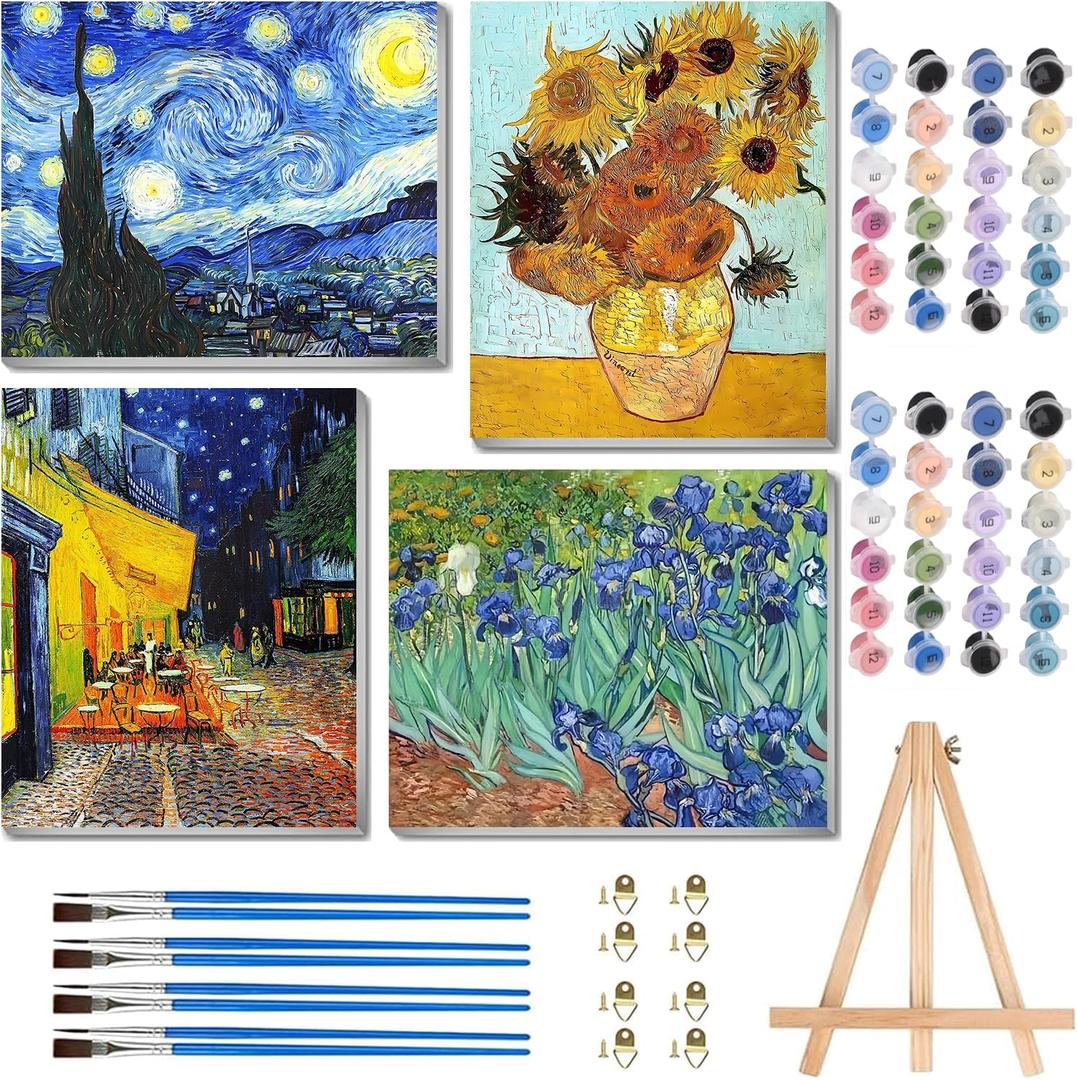 ARTISTKISS 4 Pack Paint by Numbers for Adults with Framed Canvas - with Wooden Easel,Van Gogh Paint by Number on Canvas, DIY Acrylic Oil Painting Kits with Brushes for Home Wall Decor 8x12in (MT0019)
