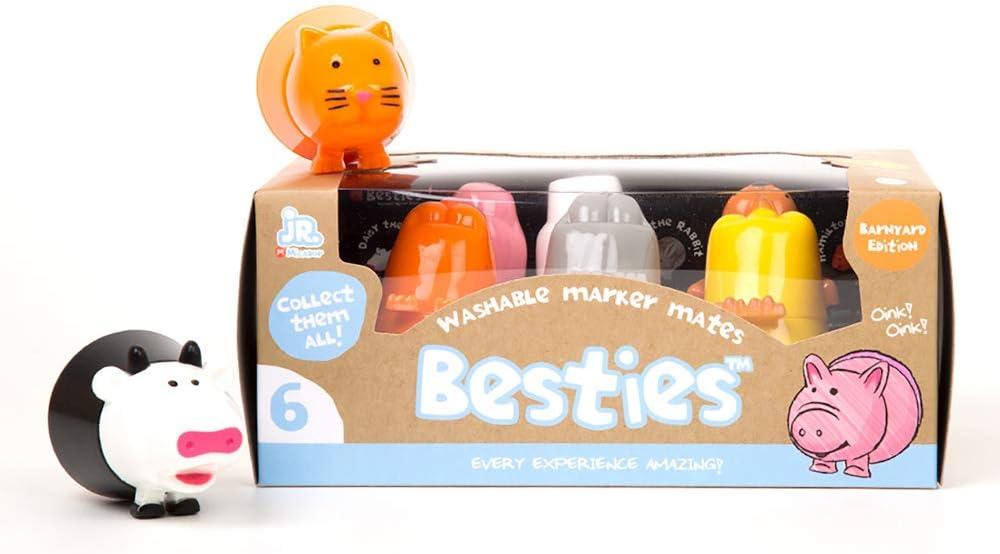 Micador jR. Besties Marker Mates, Barnyard - 6 Colors - Coloring + Drawing + Writing + Motor Skill Development - Collectible Character Shapes - Non-Toxic + Washable - Ages 3+