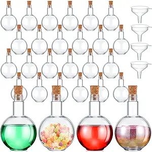Baderke Plastic Potion Bottles  8 oz Sand Art Ball Shape Bottles with Funnels Spherical Decorative Candy Jar for Cocktail Witch Costume Props Party DIY Crafts(7 Sets)