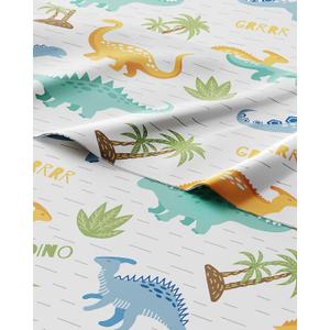 Kids Full Size Bed Sheet Set - 4 Piece Kids Loft Bed Sheets - Colorful Dinosaur Dino Print Bedding - Soft, Cute - Breathable & Machine Washable - Dino Pattern Bed Set for Boys, Girls, Teens & Toddlers