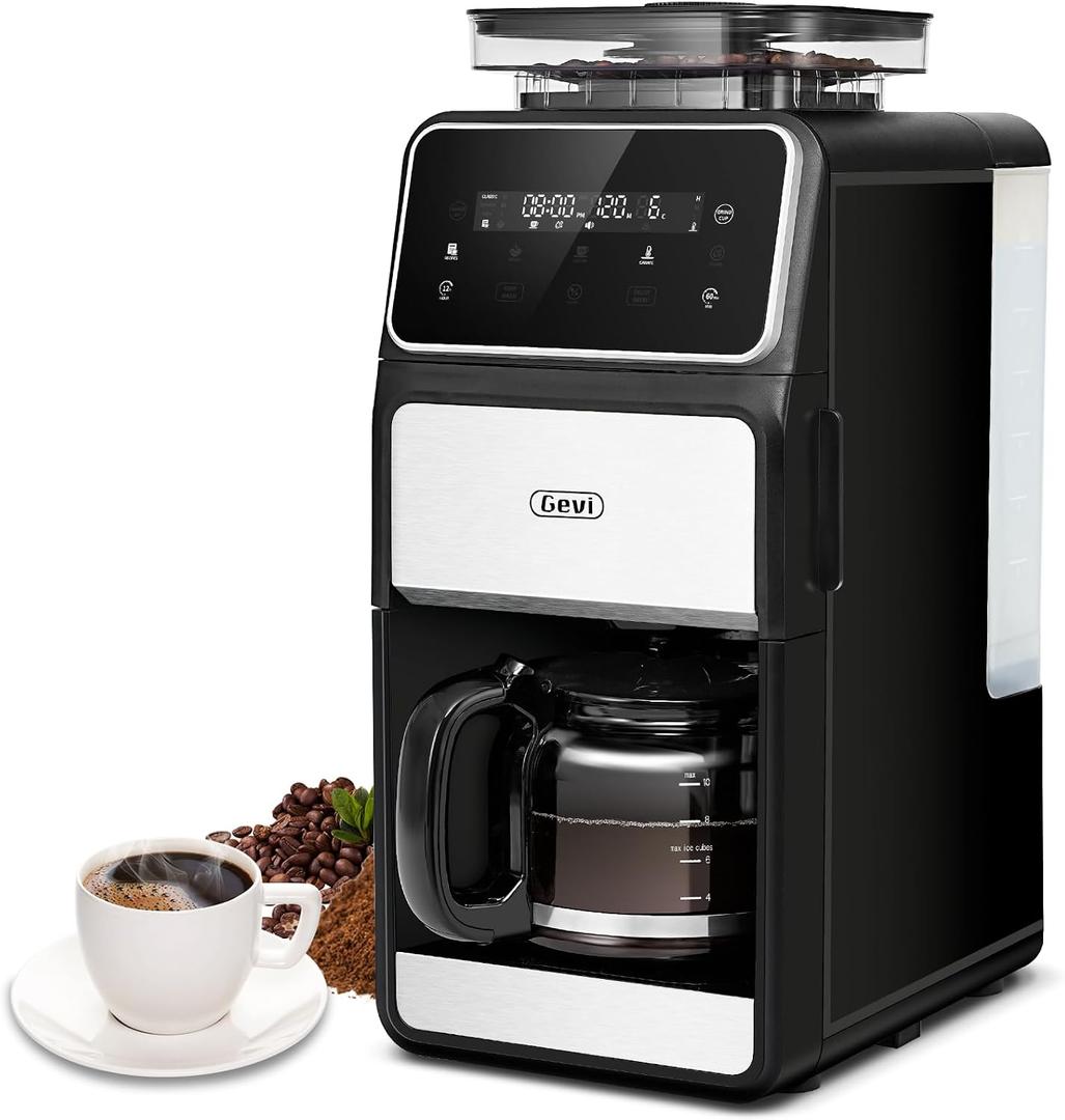 Gevi 10-Cup Grind & Brew Coffee Maker with Built-in Burr Grinder Programmable Touch Screen, 4-Hour Keep Warm, Permanent Filter, Drip Coffee Machine for Home & Office