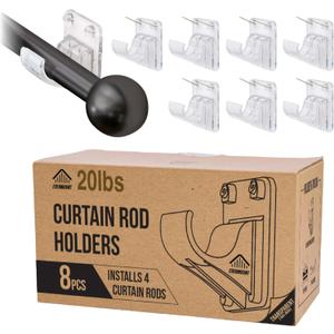 8pcs Heavy Duty Curtain Rod Holders with Wide Hook, 5X Stronger Than Adhesive Curtain Rod Hooks, 20 LBS Tension Curtain Rod Bracket for Wall with Level and Pin Guide, Curtain Wall Mount