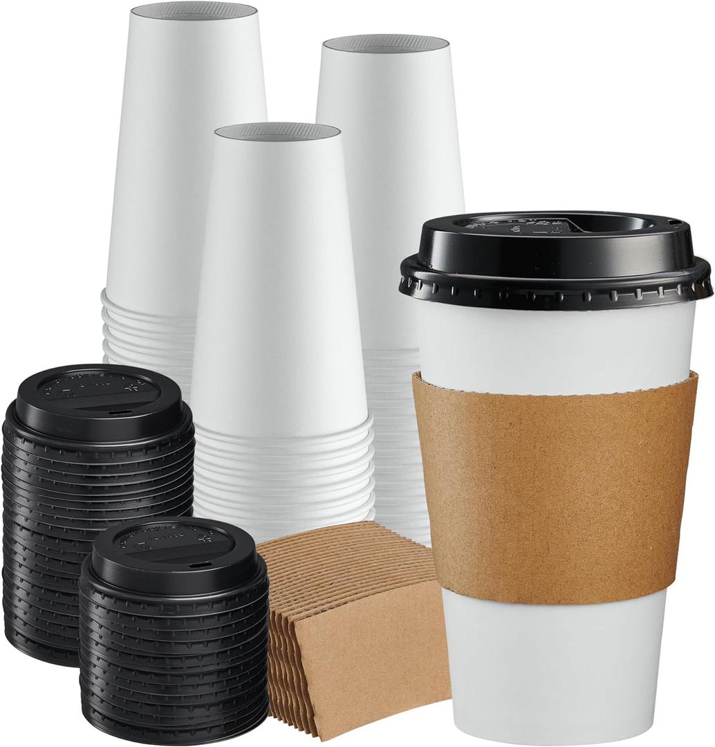 GUSTO [16 oz. - 100 Sets Disposable Coffee Cups with Lids and sleeves - To Go Paper Hot Cups for Travel and Office Use - Formerly Comfy Package