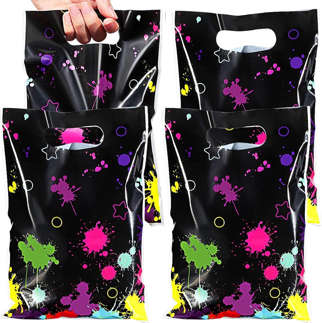 50 Pcs Neon Candy Goodie Bags Let's Glow in The Dark Party Supplies Plastic Colorful Treat Bags Neon Gift Wrap Decor with Die Cut Handles for Glow Birthday Party Decoration (Black)