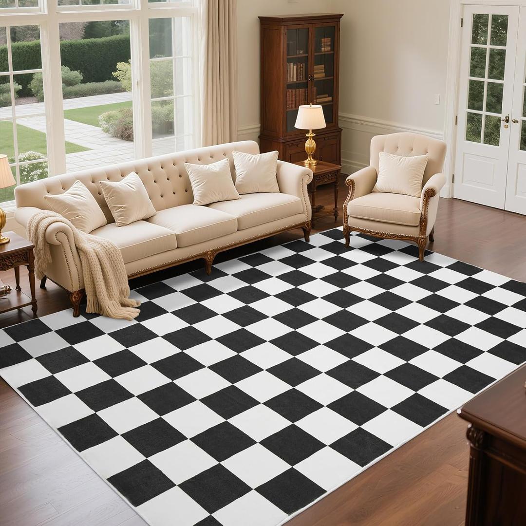 Washable Checkered Rug, 5x7 ft Black and White Rug, Low Pile Area Rugs for Living Room with Non-Slip Backing for Bedroom Playroom Classroom Office Dorm and Kids Room