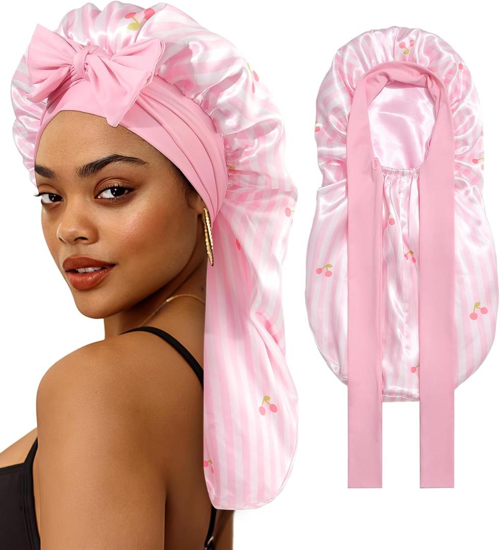 AWAYTR Long Hair Bonnet for Women - Reversible Double Layer Satin Silk Bonnet for Sleeping with Tie Band