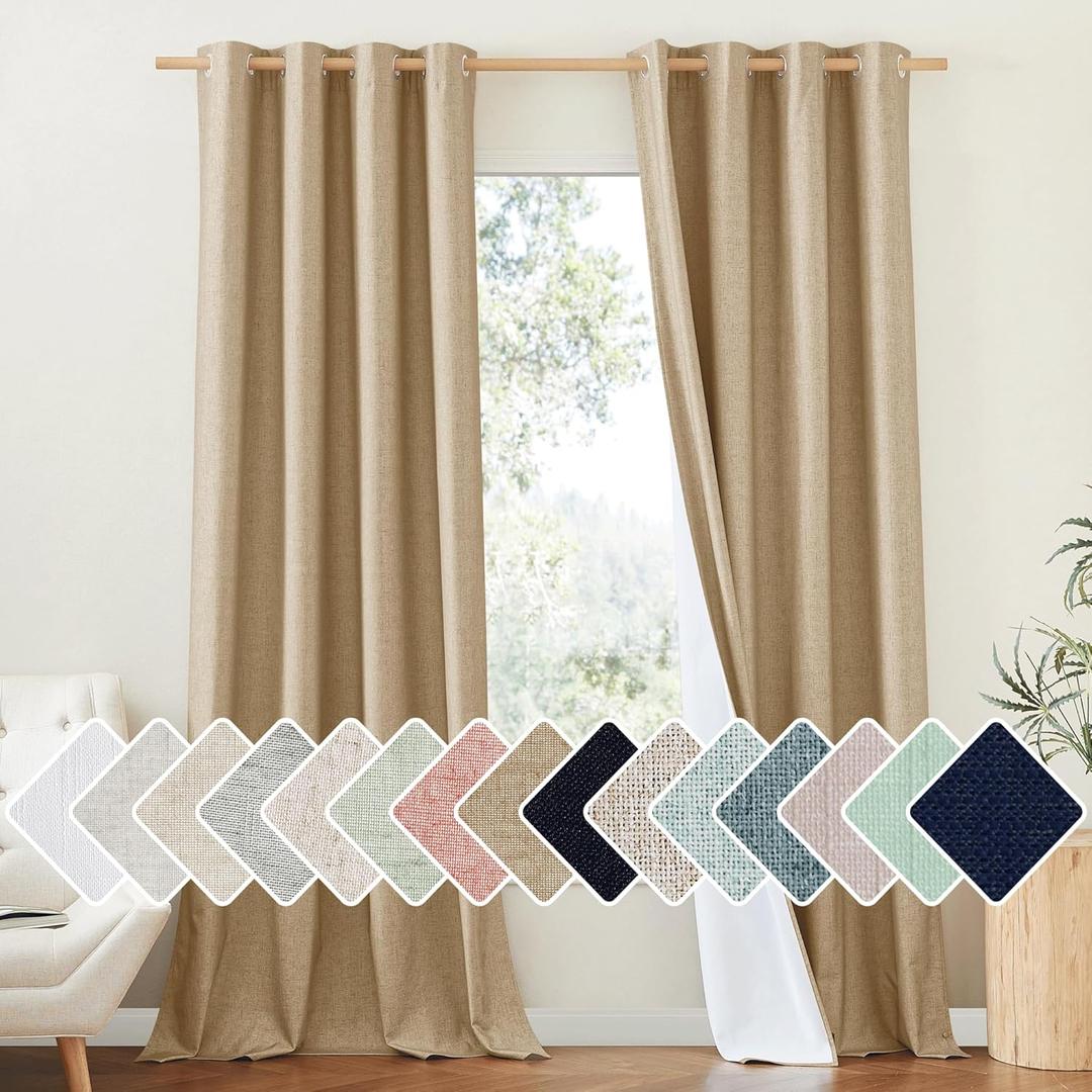 NICETOWN 100% Absolutely Blackout Linen Curtains with Thermal Insulated White Liner, Camel, W52 x L108, 2 Panels, Textured Linen Look Noise Reducing Window Treatments Drapes for Bedroom/Living Room