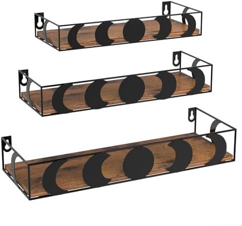 PHAREGE Black and Brown Floating Wall Shelves, Set of 3 Moon Phase Decorative Small Shelves for Bedroom Kid Room, Display Shelf for Crystal Collectibles Figurine