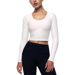 ENERBLOOM Womens Long Sleeve Shirts Workout Crop Tops Yoga Tee Built in Bra Mild Support Cream Feeling Athletic Top U-Neck Milk White X-Large