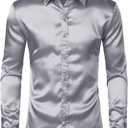 ZEROYAA Men's Luxury Shiny Silk Like Satin Button Up Dress Shirts (Silver, XL)