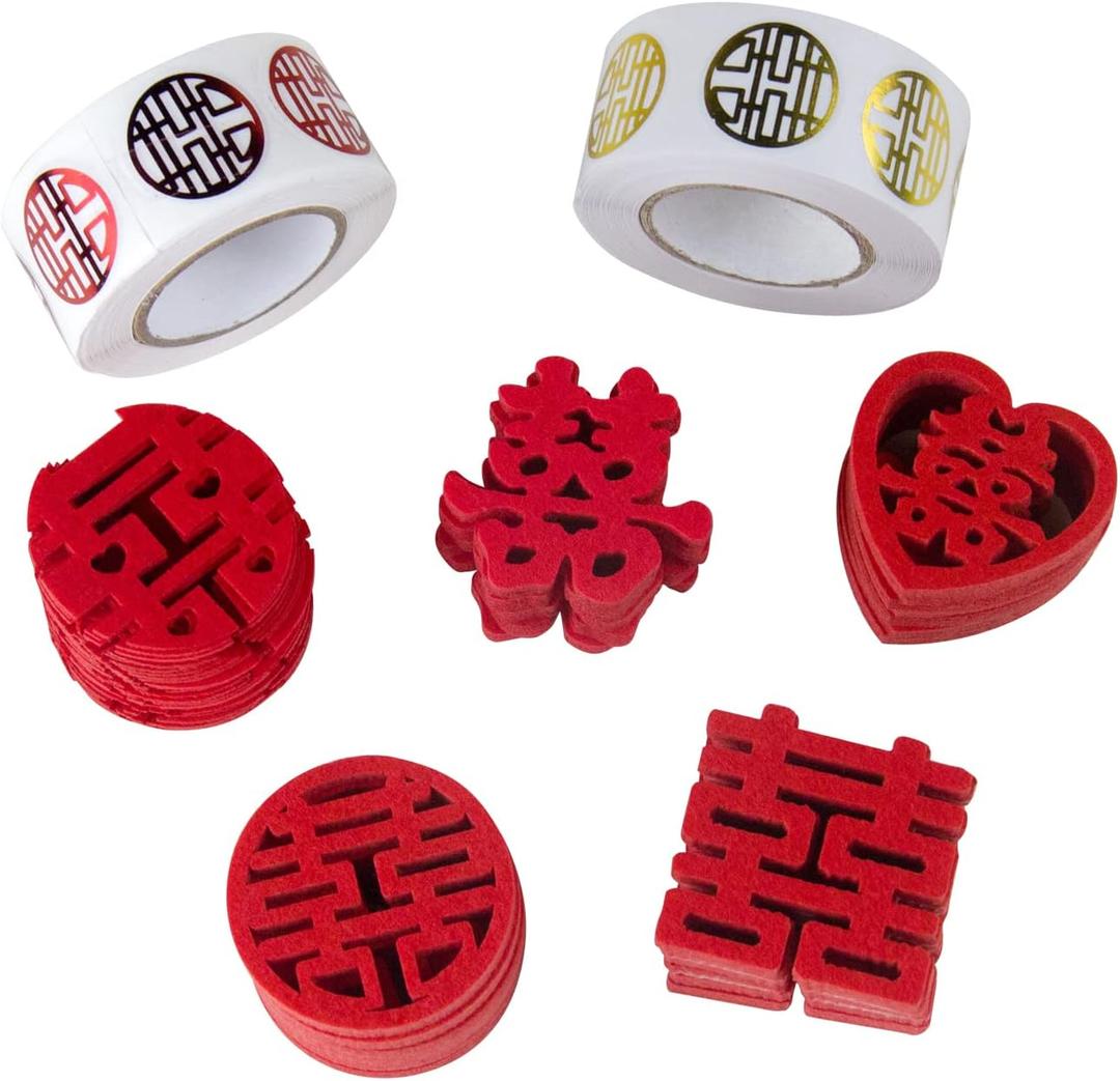 150 Pcs Mini Double Happiness Confetti, 2 Rolls Wedding Favor Sealing Labels Stickers, Chinese Traditional Wedding Decoration Supplies for New House Candy Fruit Plate Layout