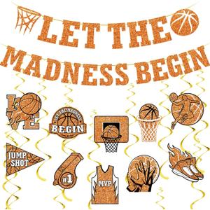 HunnmingRe Let The Madness Begin Banner March Basketball Madness Decorations Basketball Hanging Swirl Decorations College Party Favors for Indoor Outdoor Party