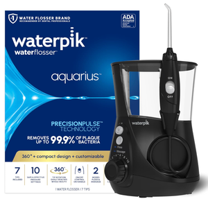 Waterpik Aquarius Water Flosser For Teeth Cleaning, Gums, Braces, Dental Care, Electric Power With 10 Settings, 7 Tips For Multiple Users And Needs, ADA Accepted, Black WP662