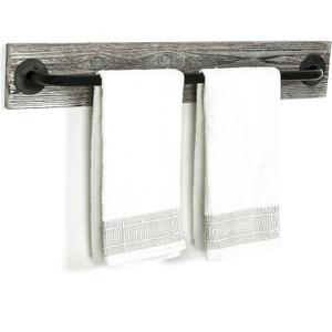 MyGift Bathroom Towel Rack, Hand Towel Holder Wall Mounted, Industrial Fixtures Hanging Towel Bar, Farmhouse Bathroom Decor, Rustic Torched Solid Wood with Realistic Metal Pipe