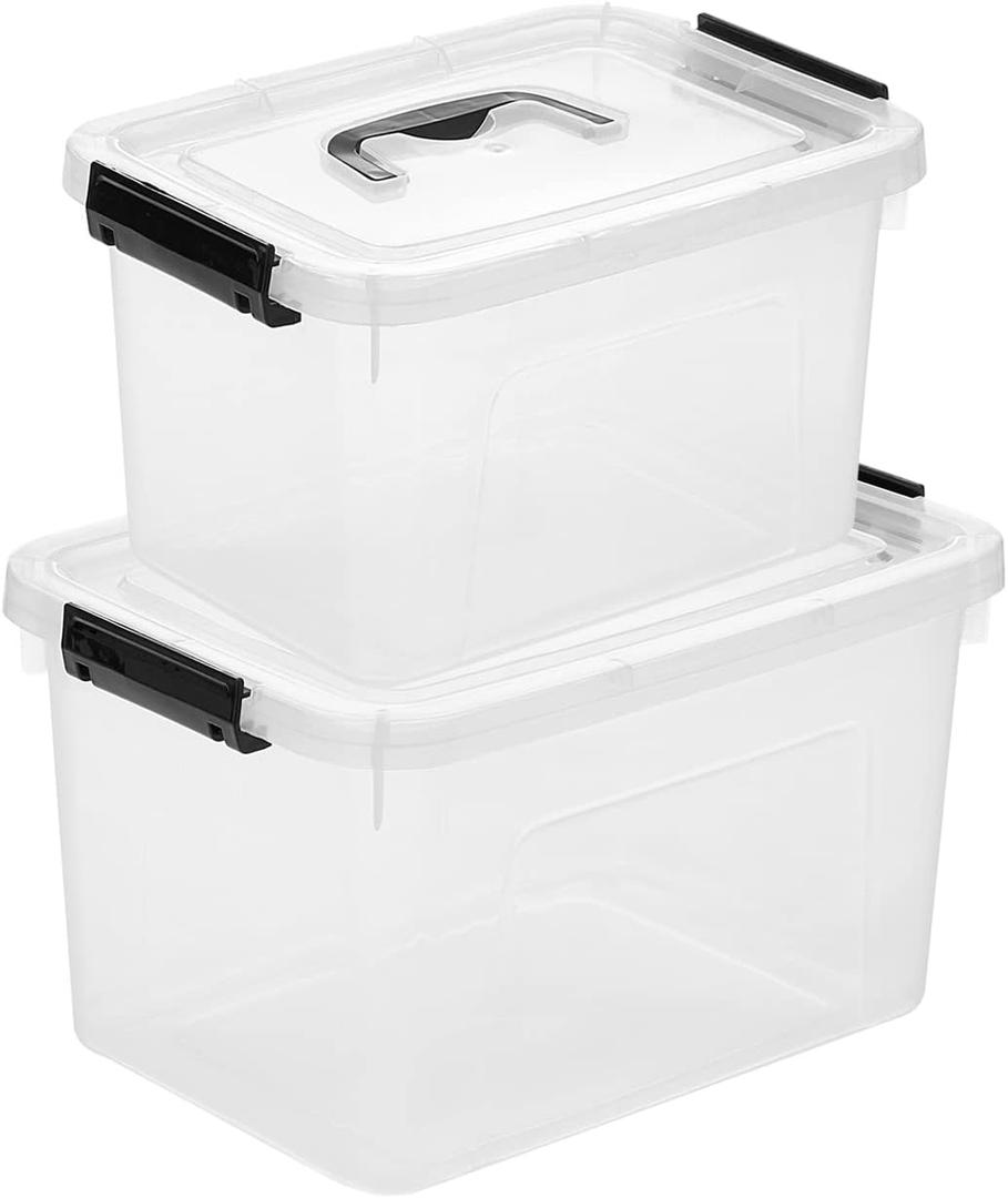 Clear Storage Latch Box/Bin, 2-Pack Plastic Organizing Container with Handle and Lids (7 QT/16QT)