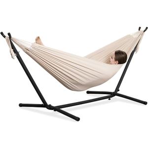 PNAEUT Double Hammocks with Stand for Outside, Portable Space Saving Heavy-Duty Steel Stand for Indoor Outdoor Patio with Carrying Bag, 450 lbs Capacity (Beige)