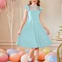 Arshiner Girls Dress Summer Ruffle Sleeve Mesh A Line Casual Party Dresses with Pockets (Blue) Size 10-12