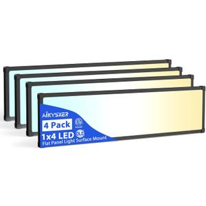 AIKVSXER 4 Pack 1x4 LED Flat Panel Light 6500LM Ultra-Bright, Dimmable 30-50W, 3000K-6500K Adjustable, 0-10V Dimming, Slim Surface Mount Ceiling Light for Office, Home, Garage Black