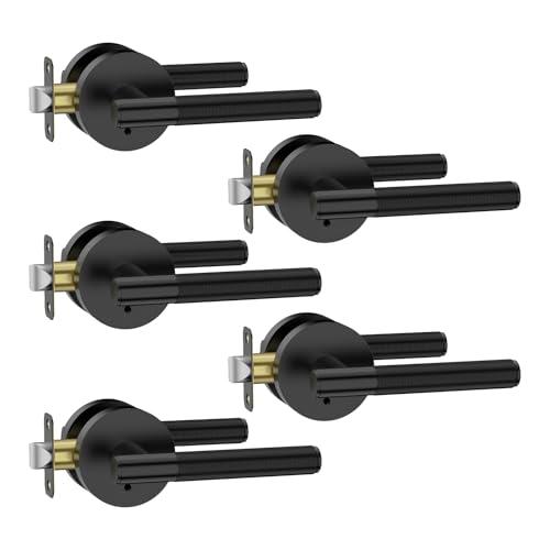 Amerdeco 4 Pack Matte Black Door Handles Interior, Knurled Privacy Door Handles with Lock, Heavy Duty Black Door Lever for Bedroom or Bathroom, Reversible Keyless for Left Right Handed Doors AM0016