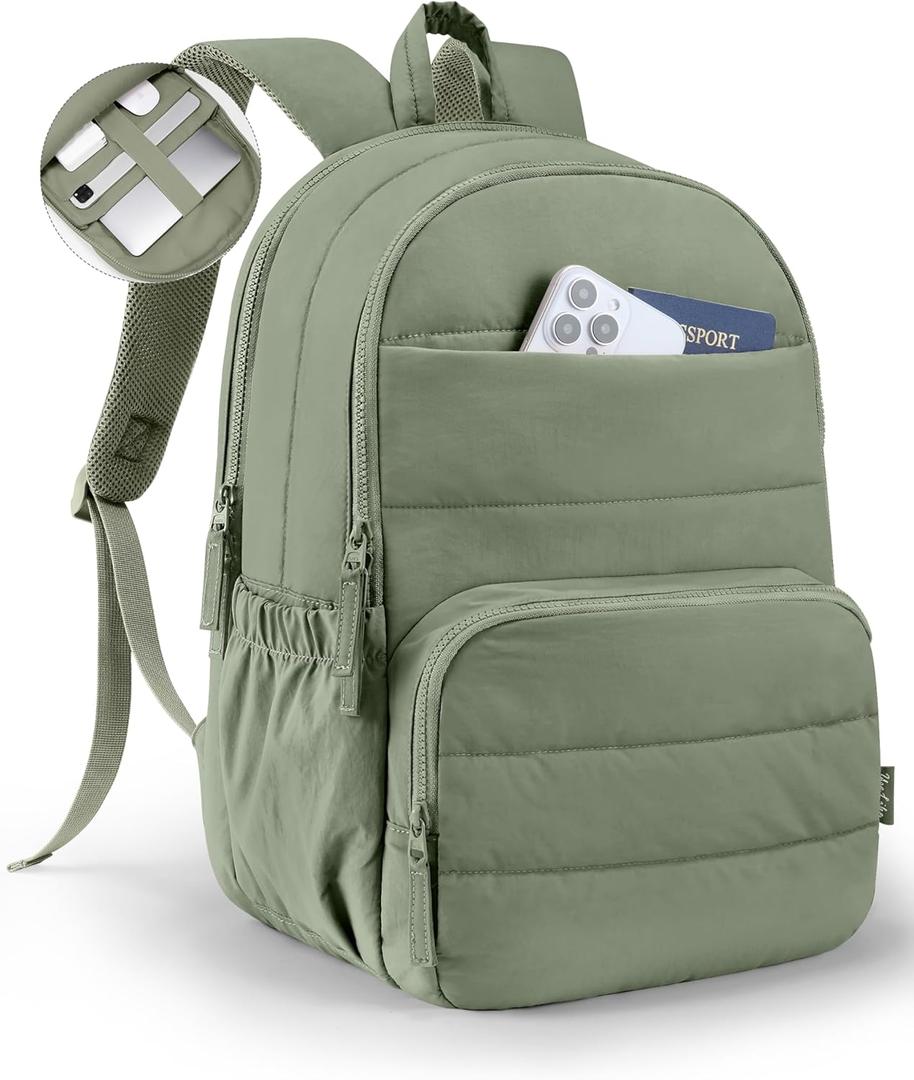 Uselike Travel Backpack for Women, 15.6 Inch Laptop Backpack, Quilted College Bookbag, Cute Work Backpacks, Water Resistant (Sage Green)