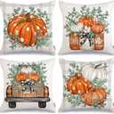 GEEORY Fall Pumpkins Throw Pillow Covers 16x16 Inch Set of 4, Eucalyptus Truck Mason Jars Autumn Decorative Seasonal Farmhouse Decoration for Home (Orange) G545-16