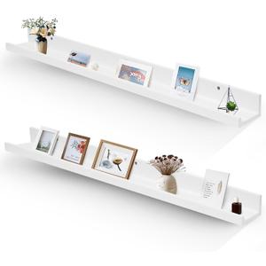 Muzilife 45.3" Large Floating Wall Ledge Shelves with Lip - Set of 2 Wood Floating Shelves - White Wall Mounted Picture Ledge for Office, Bathroom, Bedroom, Living Room, Kitchen