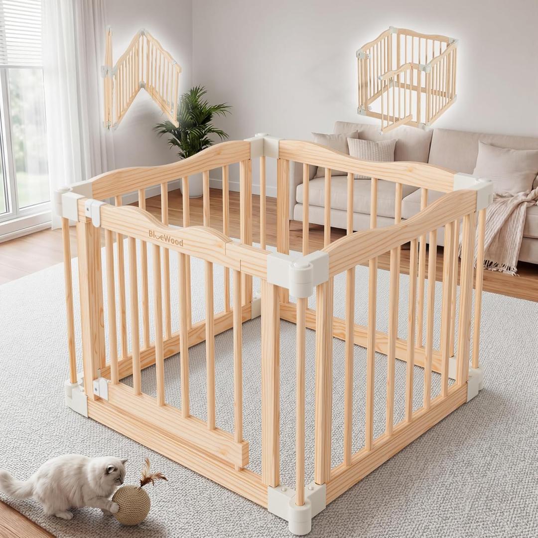 Foldable Wooden Playpen - Adjustable Wood Baby Play Yard with Child-Proof Lock, Indoor Large Safety Fence for Babies and Toddlers - Easy Assembly, 55 x 55 x 24 inches, Rainbow Dream, Brown