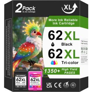 BKBKC Compatible 62XL Ink Cartridge Replacement for HP Envy 5540 5549 5640 5660 7640 OfficeJet Mobile 250 200 OfficeJet 5740 5741 8040, Black, TriColor, 2Pack