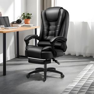 Office Chair 500LBS, PU Leather Computer Chair with Footrest, Executive Office Chair with Leg Rest and Lumbar Support, Black Office Chair