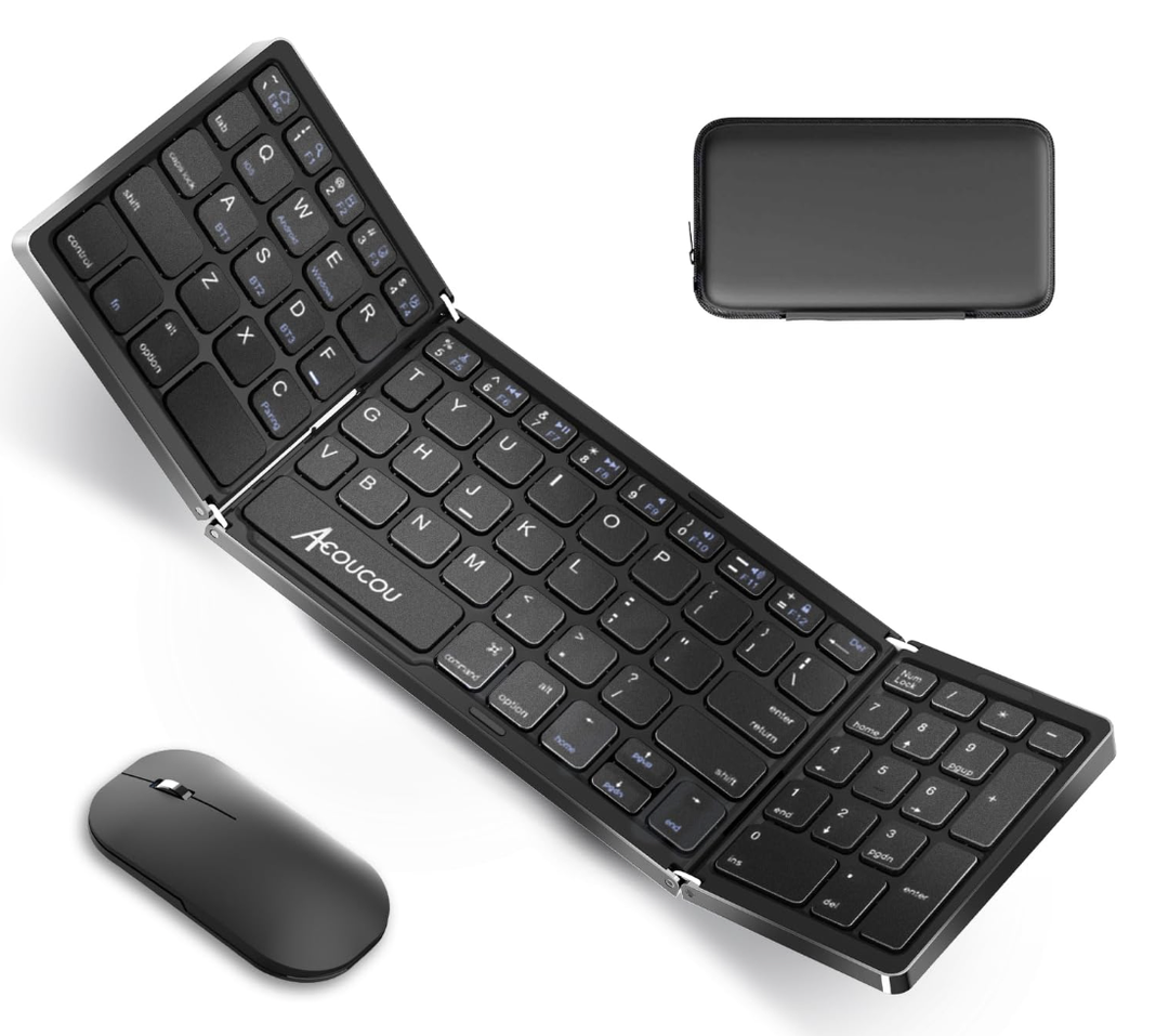 Foldable Keyboard and Mouse, EDJO Folding Keyboard Mouse Combo with Portable Case, 2.4G Wireless & Bluetooth, USBC Rechargeable Travel Combo for Windows, Mac OS, iOS, Android PC/Laptop (Black)