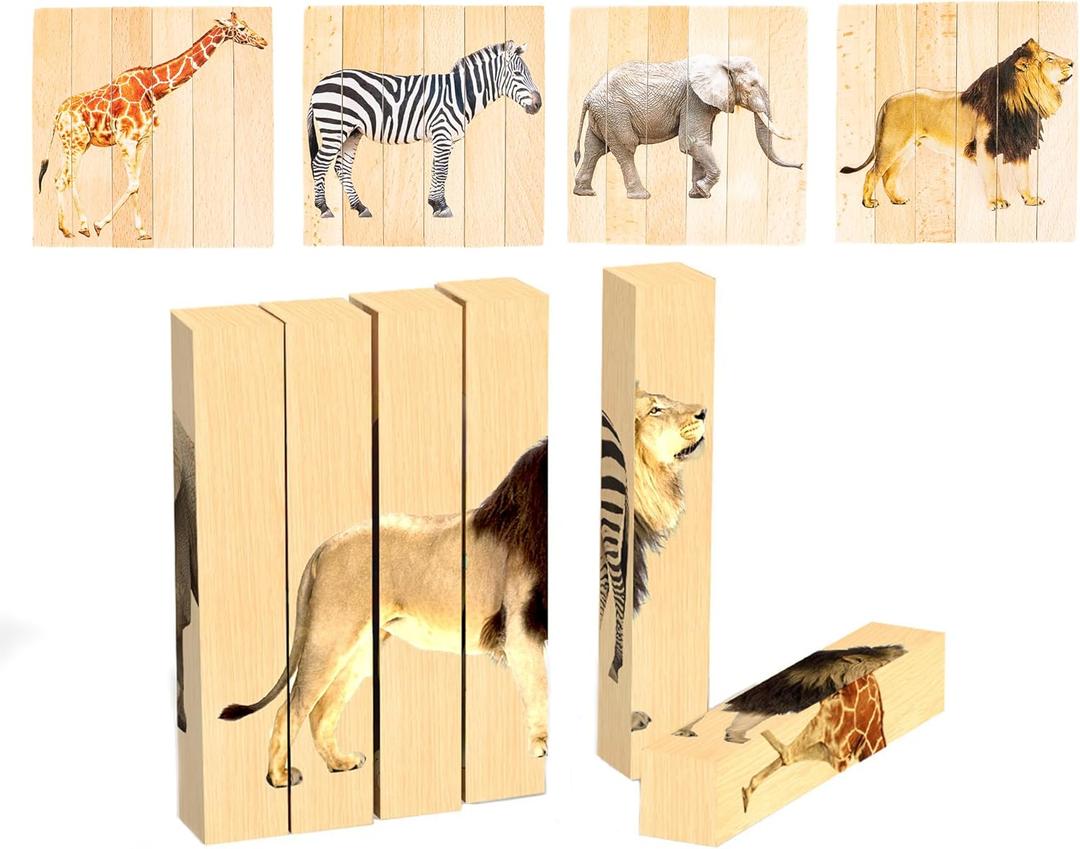Wooden Animal Chunky Puzzles for Toddlers 2+ Years - Montessori 4 in 1 Safari Animal Block Puzzle Toy