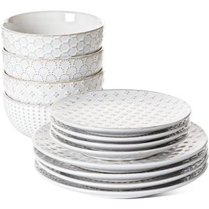 LE TAUCI Dinnerware Sets 12 PCS, Ceramic Plates and Bowls Set, Suit For Housewarming (10" Dinner Plate + 8" Salad Dish + 26 oz Cereal Bowl) x 4, Oven safe - Arctic White