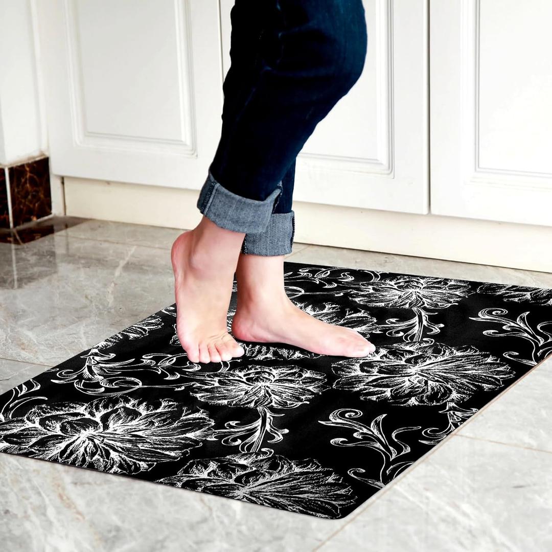 1/10 Inch Ultra Thin 24"35" Large Front Door Mat Indoor Entrance Inside Non Slip, Waterproof Rubber Kitchen Mat and Interior Home Washable Door Mat, Baroque Black